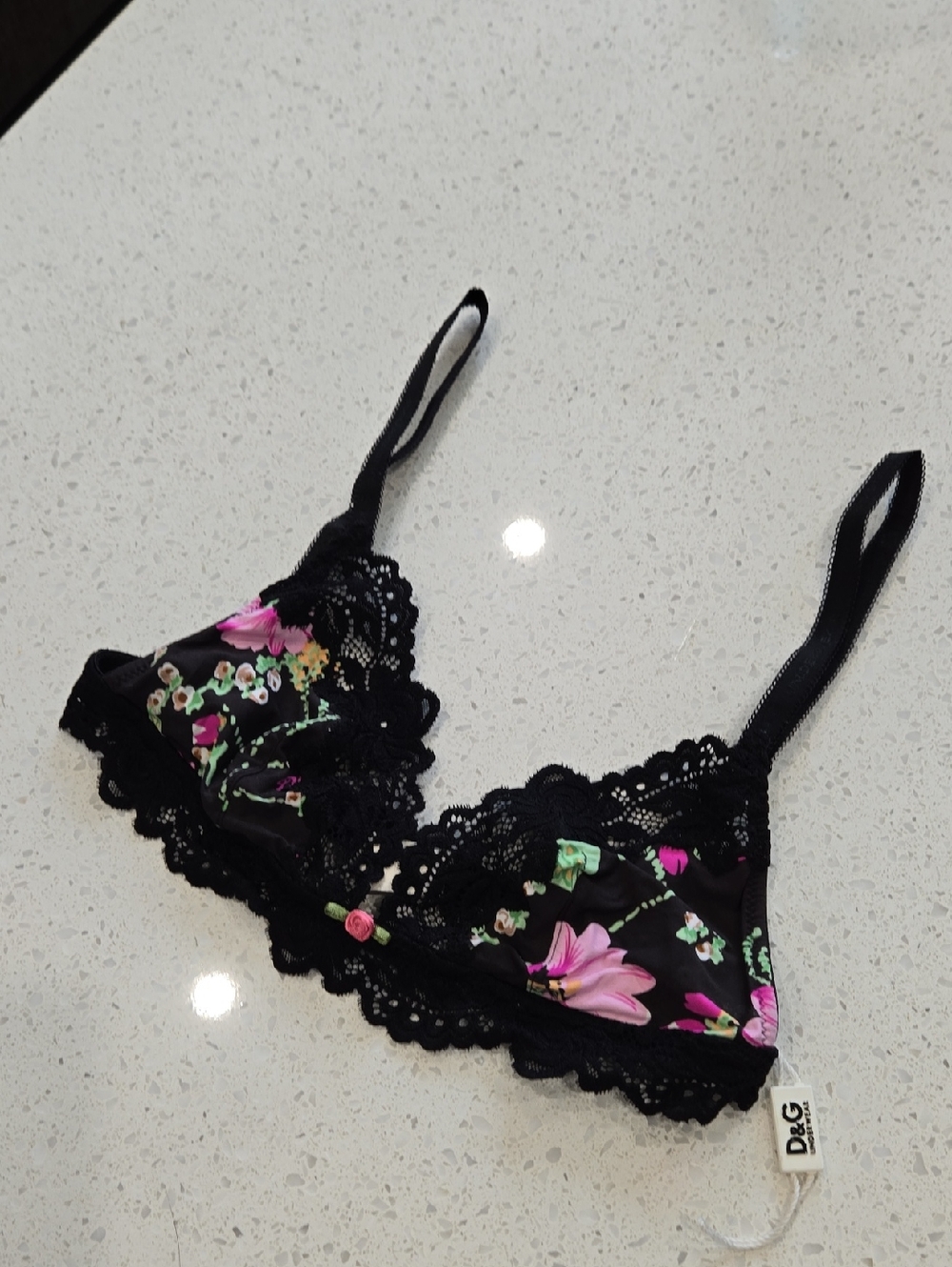 D&G Black Floral Lace Bralette with Pink & Green Accents